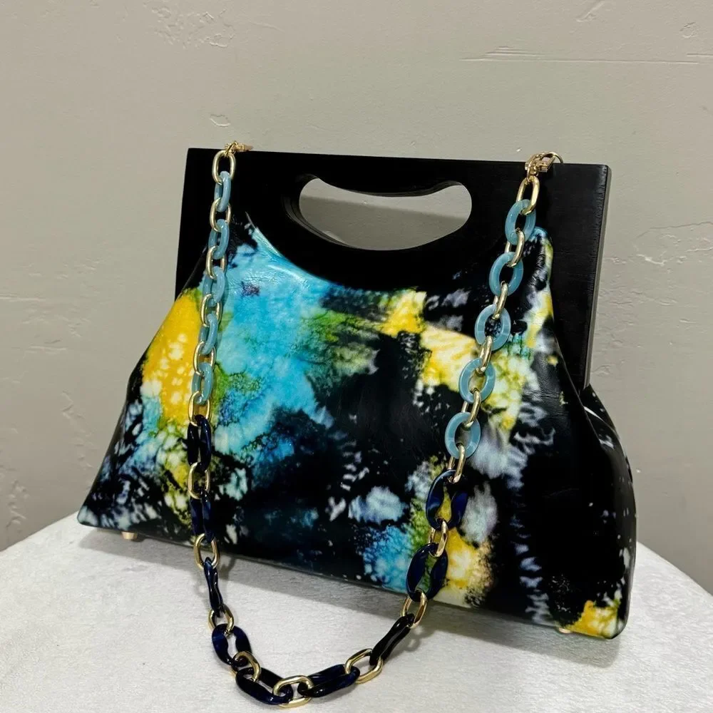 Unique Cowhide Leather Tie-dye Print Handmade Wooden Frame Top Handle Bag